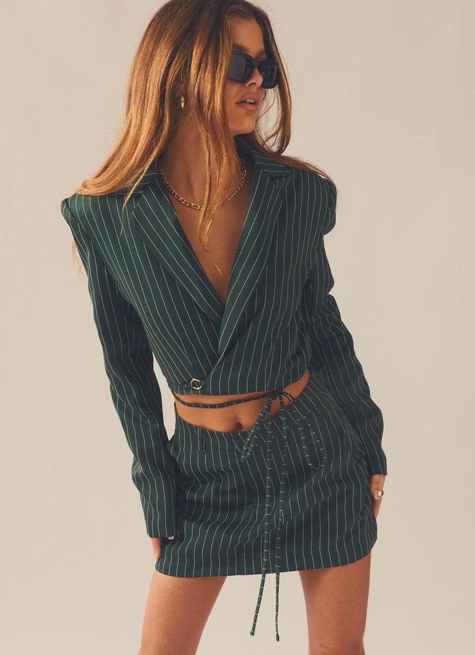 Forbidden Suit Skirt - Green Pinstripe