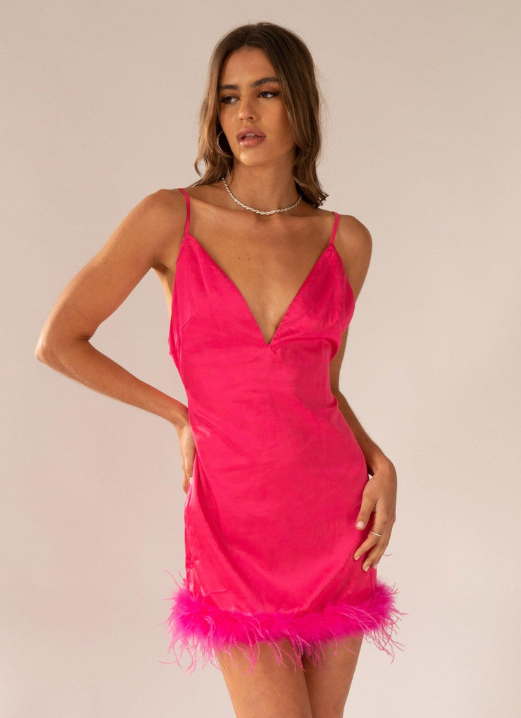 Midnight Muse Feather Mini Dress - Flamingo Pink - Peppermayo