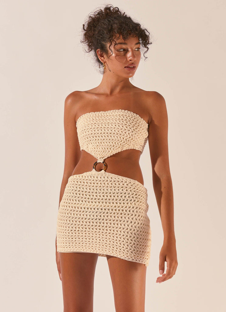Balmy Nights Crochet Mini Dress - Seashell - Peppermayo