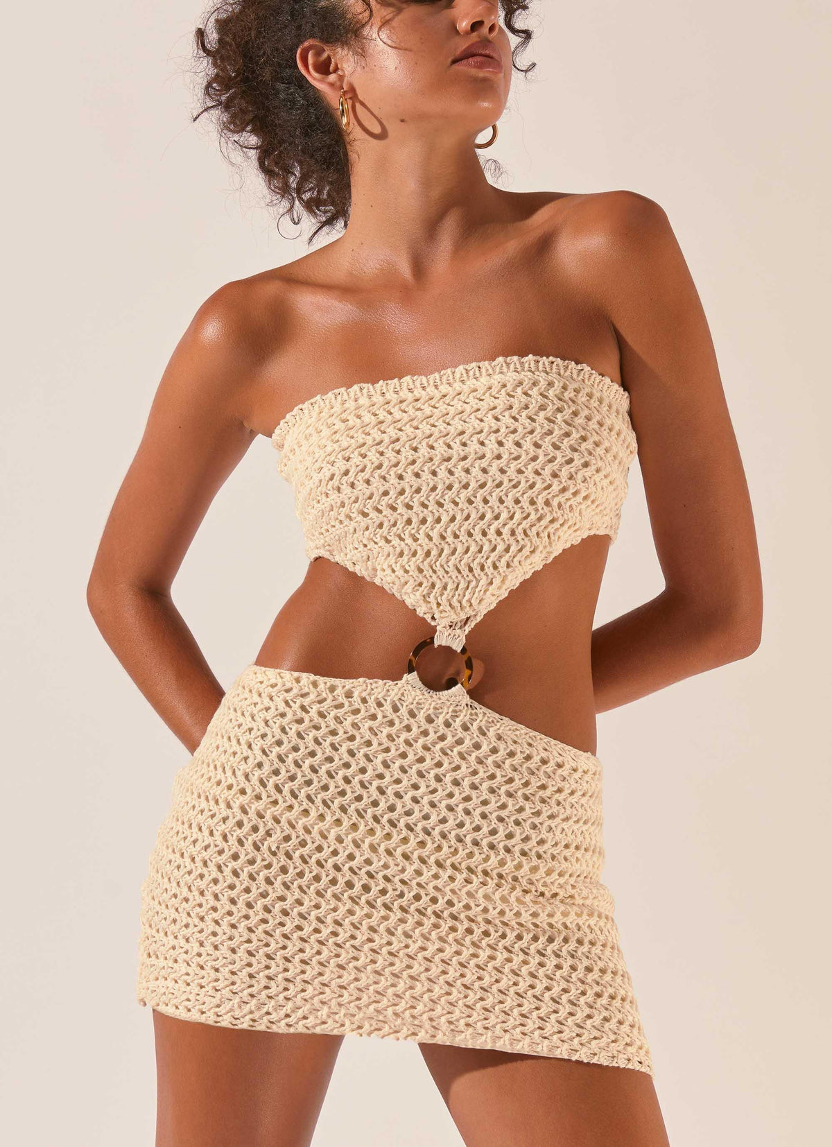 Balmy Nights Crochet Mini Dress - Seashell - Peppermayo