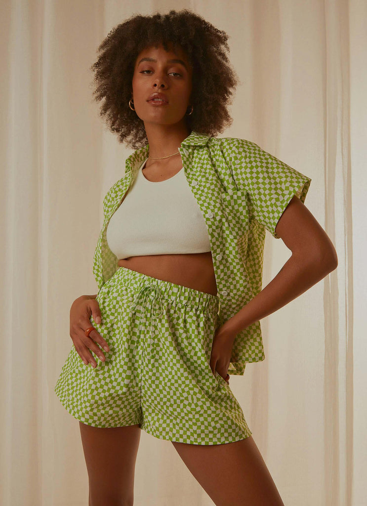 Seventies Groove Shorts - Lime Warp Check - Peppermayo