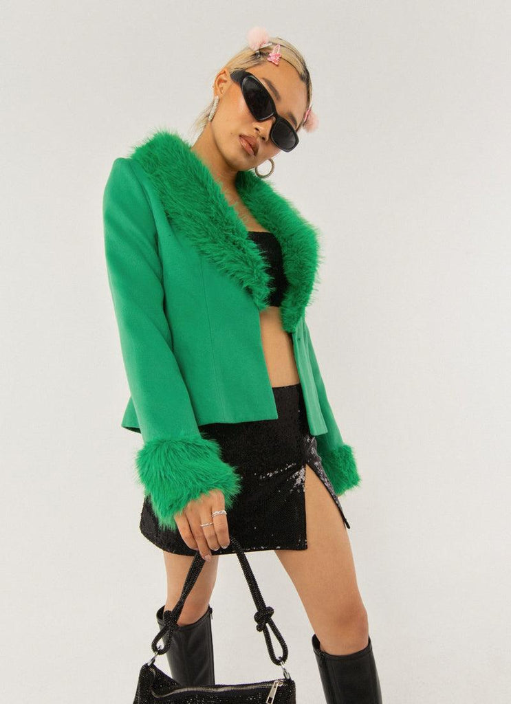 Maddy Faux Fur Jacket - Jade Green - Peppermayo