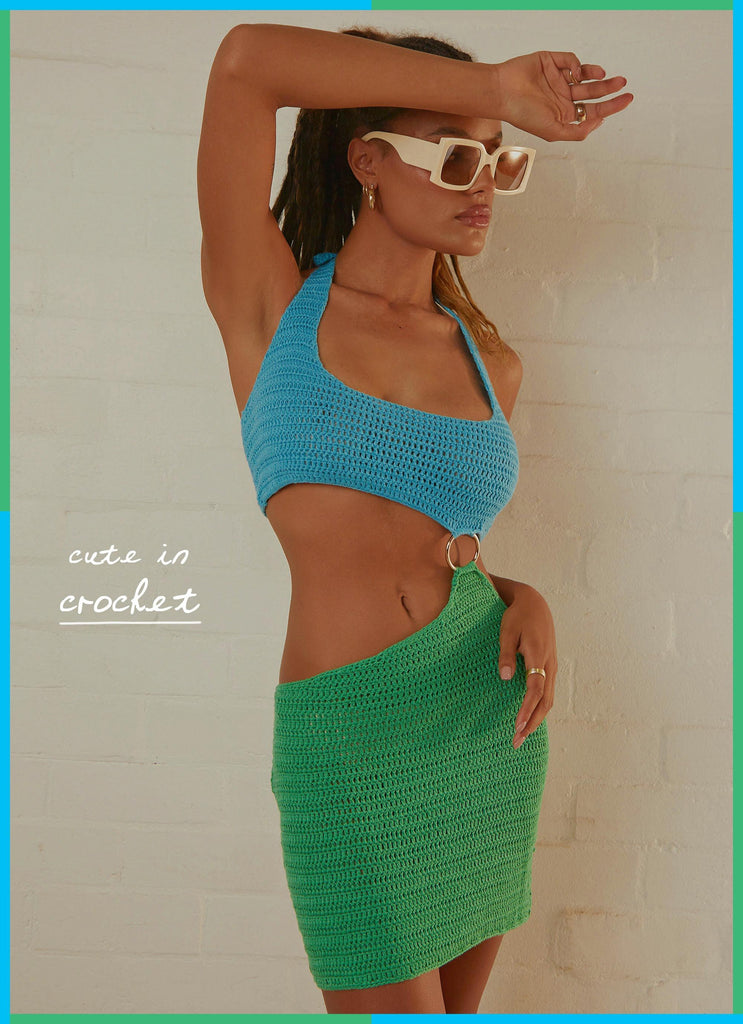 Jet Set Crochet Mini Dress - Blue Lagoon - Peppermayo
