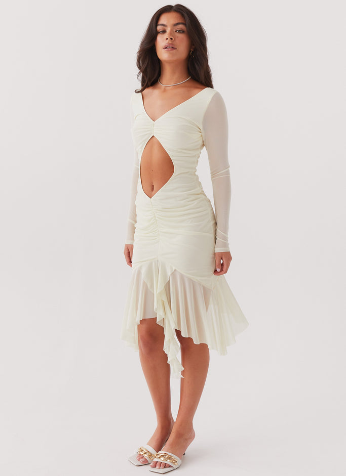 Florence Off White Satin Asymmetric Ruffle Cowl Midi Dress – Club