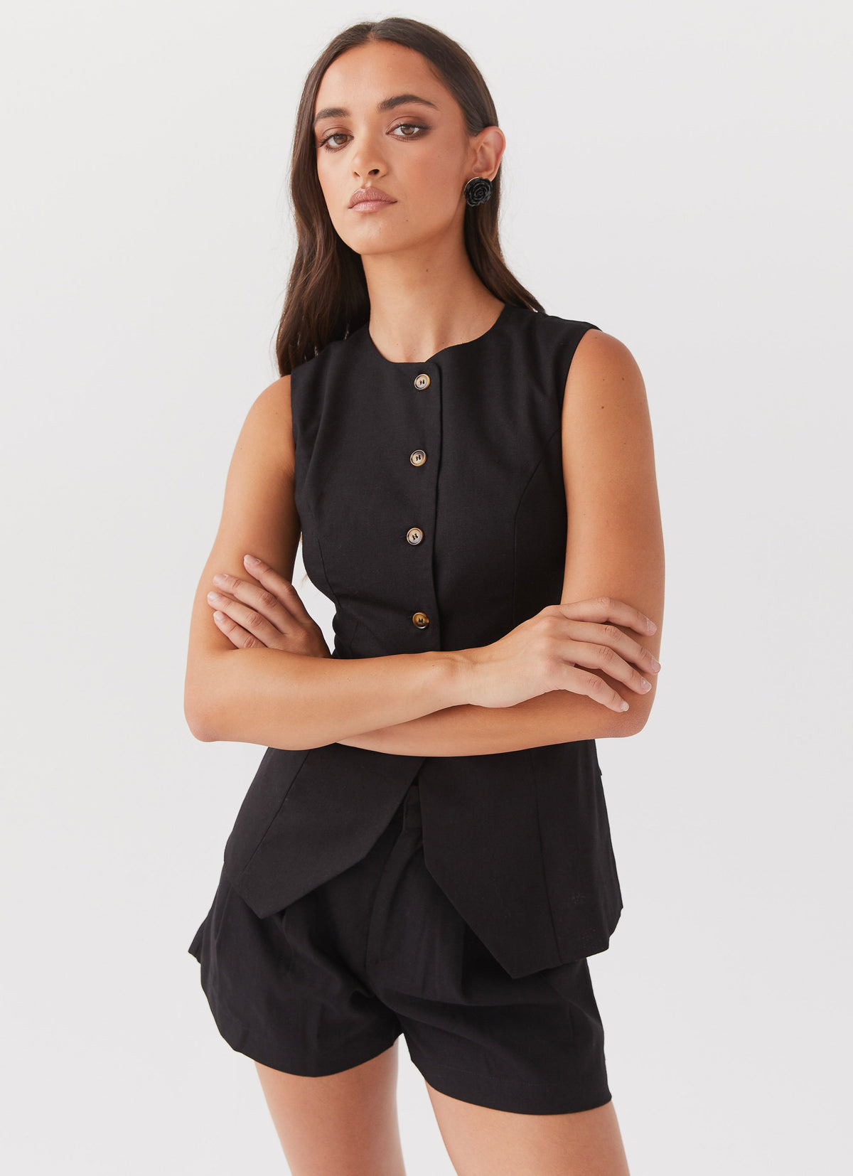 Womens Born For Bordeaux Linen Vest in the colour Black in front of a light grey background