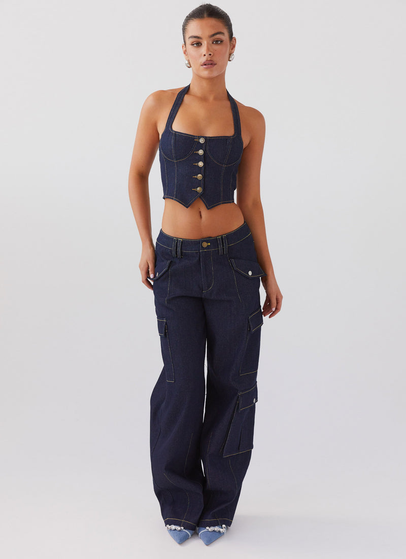 Womens Avari Halterneck Denim Vest in the colour Indigo in front of a light grey background