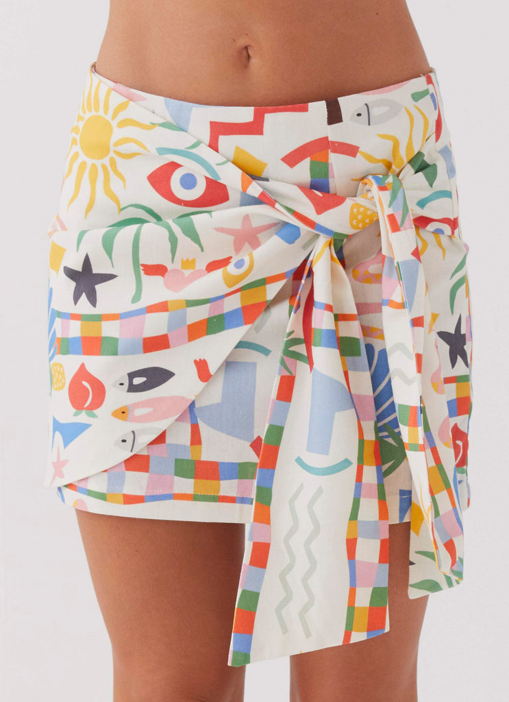 At First Light Linen Wrap Mini Skirt - Summer Palm