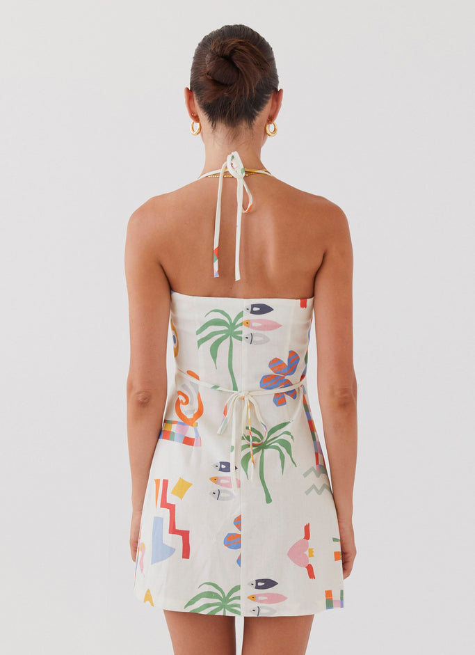 At Last Sunrise Wrap Linen Mini Dress - Summer Palm