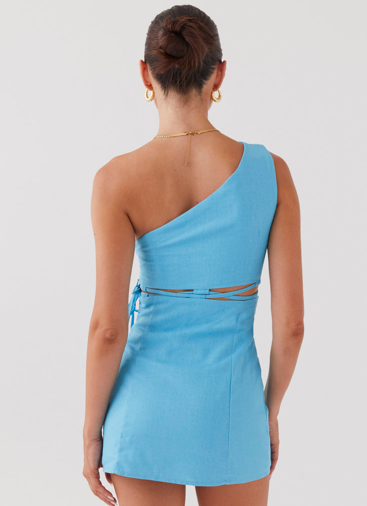 Memini One Shoulder Linen Mini Dress - Azure