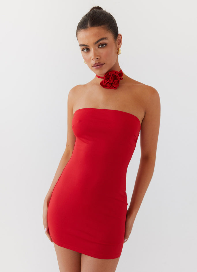 Ruby Glamour Rose Mini Dress - Rouge Red