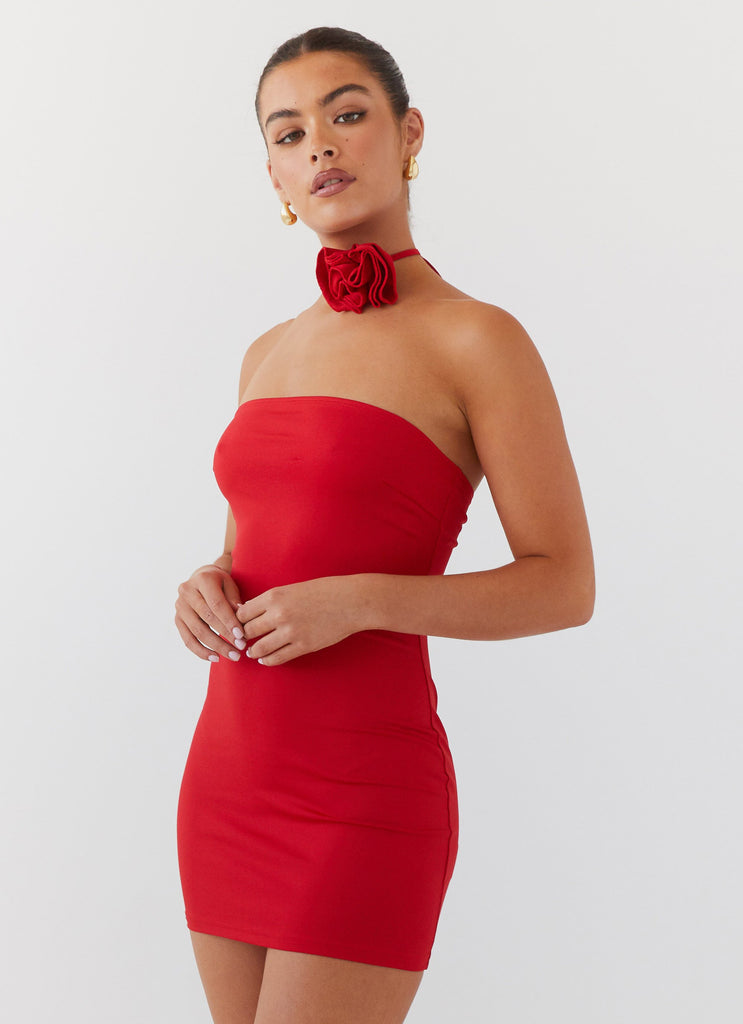Ruby Glamour Rose Mini Dress - Rouge Red