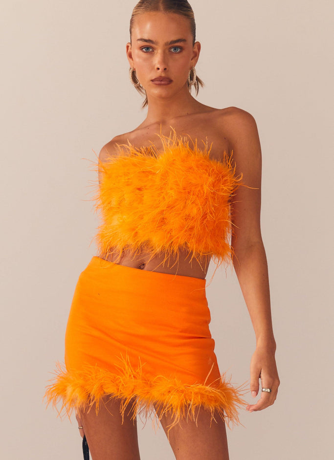 The Night Is Ours Feather Crop Top - Tangerine