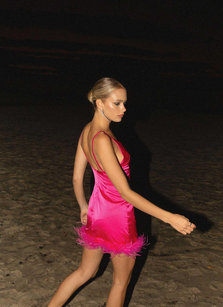 Midnight Muse Feather Mini Dress - Flamingo Pink - Peppermayo