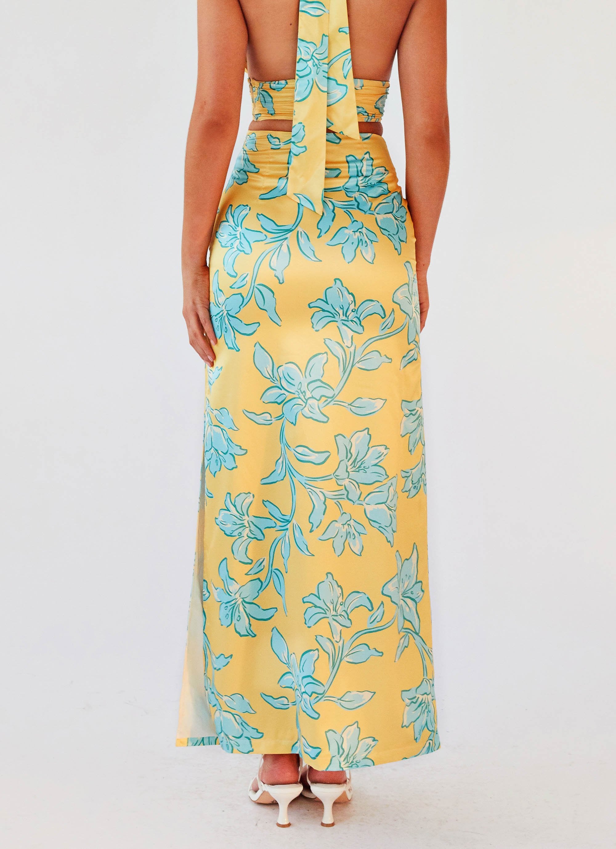 Amalia Satin Maxi Skirt Golden Bloom – Peppermayo