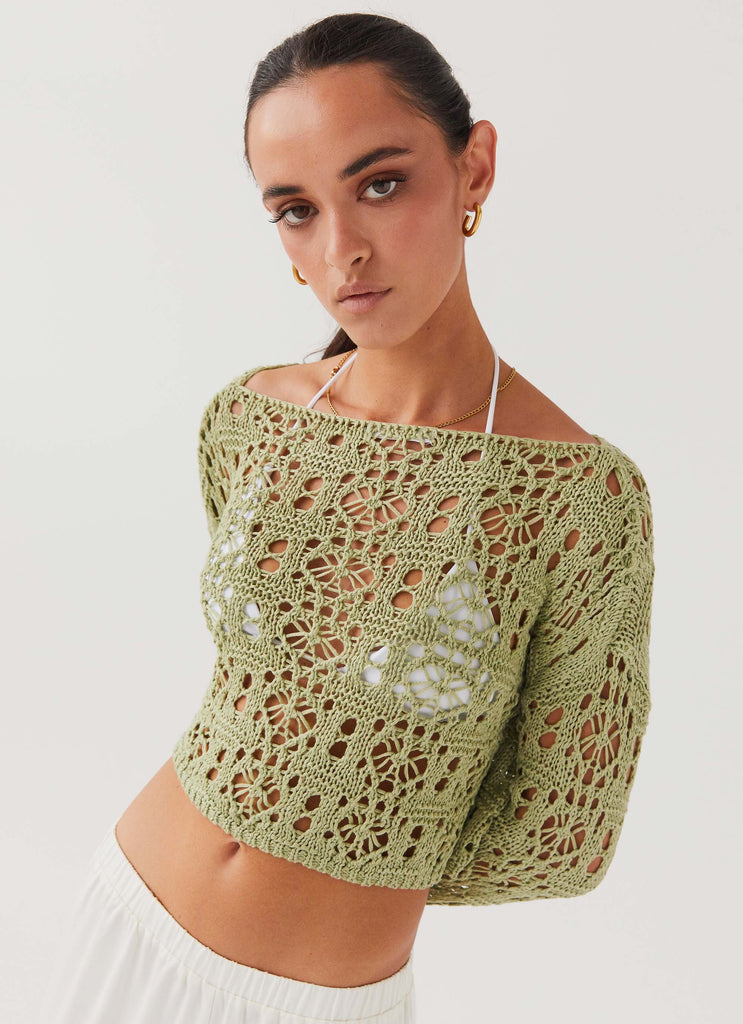 Free Mind Crochet Long Sleeve Top - Light Olive – Peppermayo
