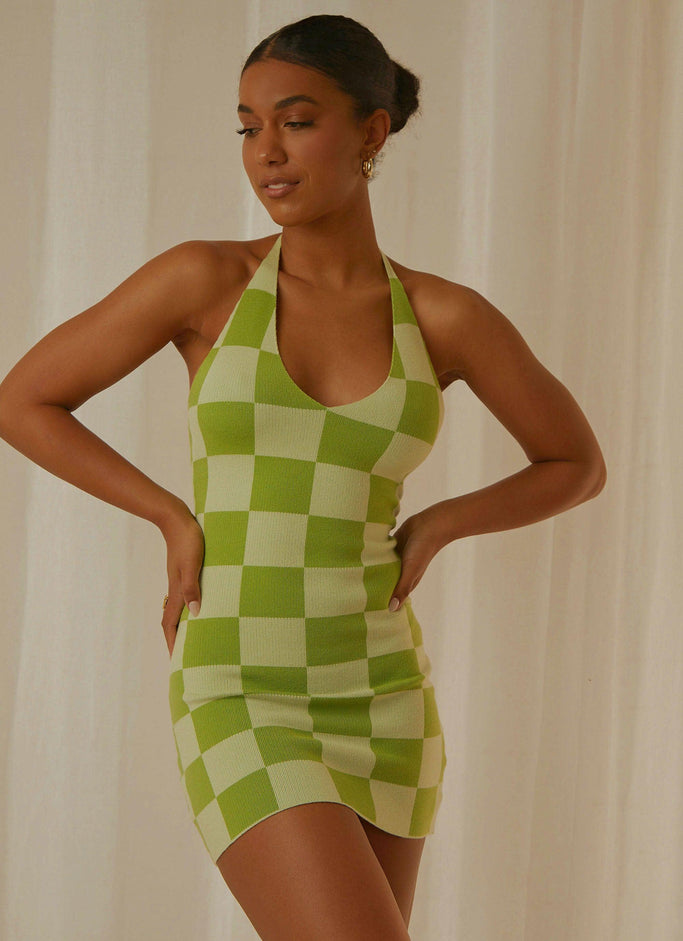 The Groove Knit Halter Dress - Lime Checkers