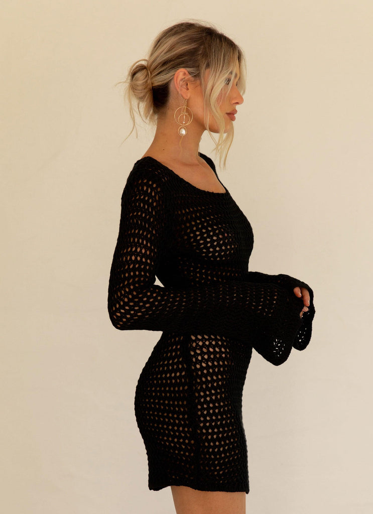 Down For The Ride Crochet Mini Dress - Black - Peppermayo